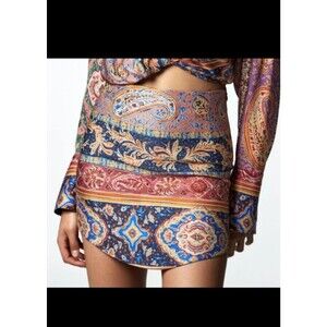 Zara Floral Paisley Asymmetrical Mini Silky Satin High-Waisted Skirt small